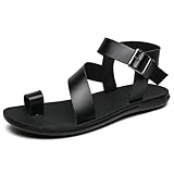 QEOSNBX Men'S Soft Leather Flat Toe Ring Sandals With Adjustable Ankle Strap Buckle Fashionable Round Toe Comfortable Lightweight Non-Slip Gladiator Sandals For Casual Summer Beach Walking (Black,11)