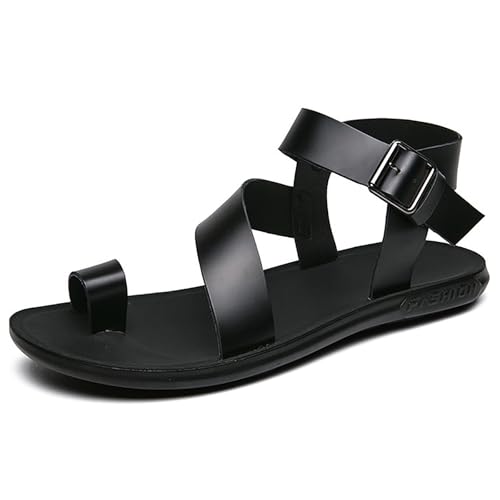 Men'S Soft Leather Flat Toe Ring Sandals With Adjustable Ankle Strap Buckle Fashionable Round Toe Comfortable Lightweight Non-Slip Gladiator Sandals For Casual Summer Beach Walking