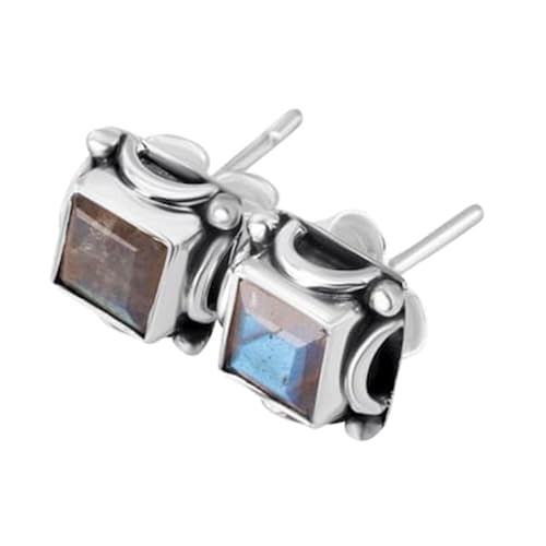 Boucle d'oreille labradorite naturelle 7.5 mm en argent sterling 925 solitaire coussin facetté