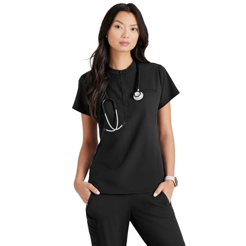 BARCO Unify Mission Scrub Top for Women – Black, 1-Pocket Henley Neckline Top with 360 Spandex Stretch & Wrinkle Release Fabric to Stay Clean & Comfortable – S, Regular Fit