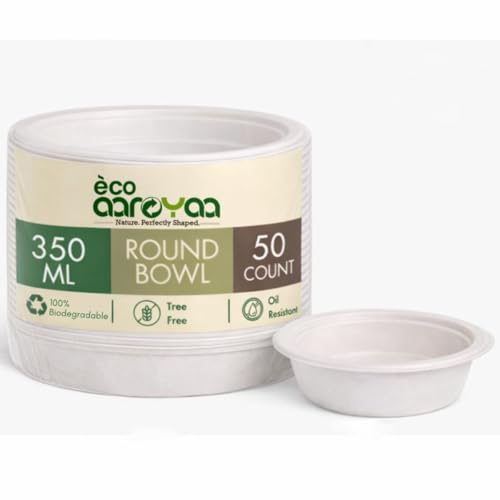Image of Eco Disposable Bagasse Bowls - 350 ML - Pack of 50 Biodegradable Disposable Bowls - Eco-Friendly Dip, Sauce, Chutney & Dessert Cups - Leak-Resistant Small Serving Bowl (Pack of 50)