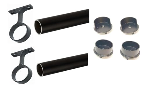 2-Case Pack 96-inches Long Round Wardrobe Closet Rods with End Caps and Center Supports (Matte Black)