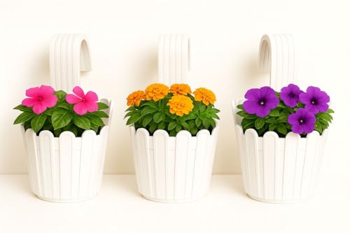 Image of Premium Railing Planter with Hook - Durable Plastic Hanging Flower Pot for Balcony, Fence Design Gamla for Indoor /Outdoor Plants, Herbs & Creepers (Pack of 3) (3, White)