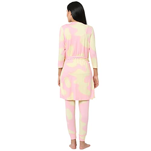 Image of Sweet Dreams Women Tie & Dye Lapel Collar 3 /4th Sleeve Poly Brush Robe, Slip & Pyjamas
