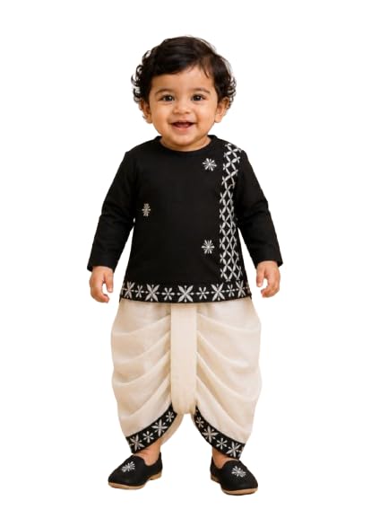 Pspeaches Boys Silk Full Sleeves Round Neck Embroidered Kurta and Dhoti Pant 2 Piece Set|Ethnic Wear For Cute Baby Boys|Traditional & Festive Outfit