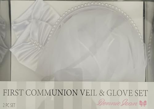 Bonnie Jean First Holy Communion Detachable Veil and Matching Gloves Set with Pearl and Sequin Trim2