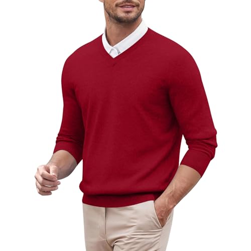 Mymyguoe Jersey de punto para hombre, cuello de pico, monocolor, suéter de trabajo, suéter de negocios, tiempo libre, cachemira, jersey de punto, manga larga, jersey de invierno, rojo, XXL