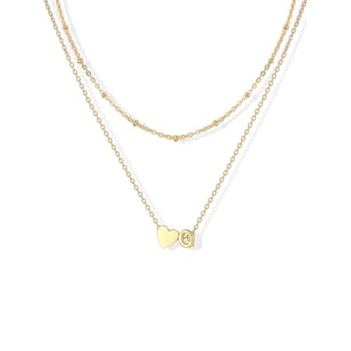U7 Layered Heart Initial Necklace for Women,Tiny Silver/14K Gold Plated Heart Initial A-Z Letter Pendant Necklaces,Adjustable 16"- 18" Valentines Birt