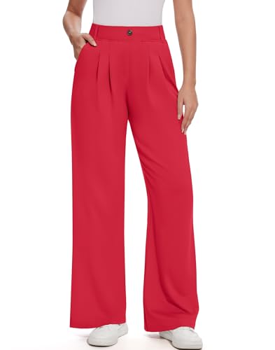 M MOTEEPI Women's Red Dress Pants Wide Leg - Stretchy High Waisted Work Pants Business Casual Office Trousers with Pockets 31