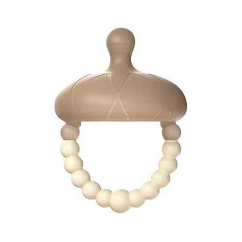 Image of Silicone Acorn Teether with Beaded Ring, Multiple Shapes & Textures for Babies 3+ Months (Acorn Teether), Tan /beige