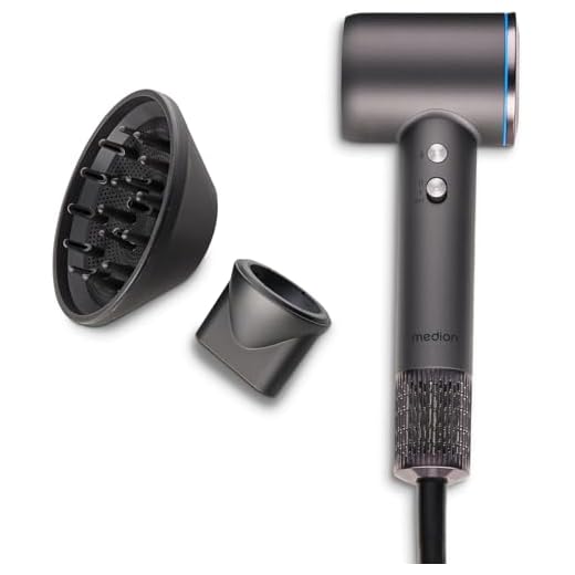 MEDION Föhn - Ionen Haartrockner mit Diffusor HD1 (1.600 Watt, Stylingdüse, magnetische Aufsätze, leise langlebiger BLDC Motor, LED Ringlicht, langes Netzkabel) Haarföhn in schwarz