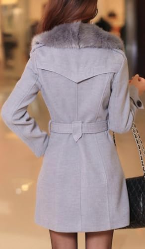 ELFTOWN Women's Double Breasted Midi Long Pea Coat Detachable Faux Fur Collar Long Sleeve Winter Trench Coats with Belt4