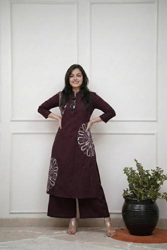 Image of GoSriKi Cotton Blend Embroidered A-Line Kurta with Palazzo for Women | Cotton Blend Orange | 3 /4 Sleeve | Mandarin Collar | Ethnic Wear Casual Wear