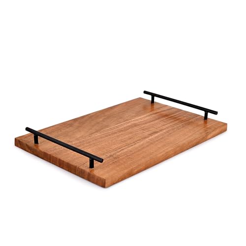 Bhavatu Acacia Wooden Serving Tray with Handles for Ottoman, Food, Breakfast, Eating (15