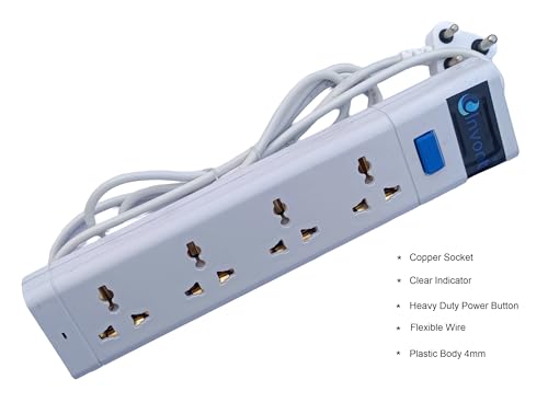 Image of Extension Board with 4 Multiplug Sockets & Master Switch | 6A Power Extension Board | 2 Meter Copper Wire Extension Cord | Heavy-Duty Spike Guard & Extension Box for Home & Office (White)