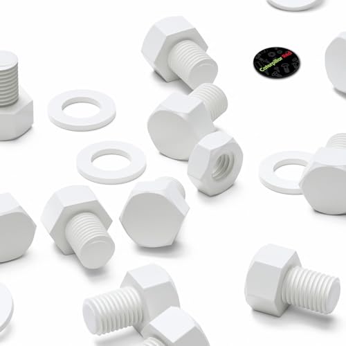 Image of 10x White PP Hex Head M16 x 20 mm Plastic Bolts, Nuts & Washers (5 /8 x 25 /32 in)