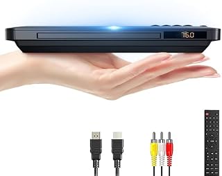 Ultra Slim DVD Player, Thinnest HDMI AV DVD Players for TV, 0.6 Inch Design with Region Free & Colourful HD Pixels, Supports USB Playback, NTSC/PAL DVD Player with HDMI & RCA Cables, Remote Control.