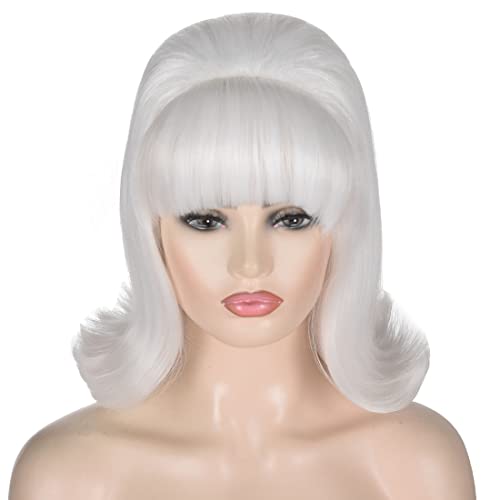 ATAYOU Vintage White Bouffant Beehive Wig with Pearl Headband, 60s Retro Halloween Cosplay Wig with Bang, White 719, 12'' - Image 2