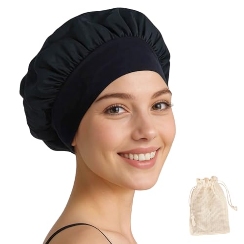 TORLAND® Bonnet Schlafhaube aus 100% natürlicher Tencel-Seide, atmungsaktiv, pflegeleicht | vegane Seidenhaube zum Schlafen, Haarhaube Schlafmütze (Schwarz - Normal)