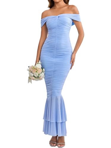 Image of URYIAO Off Shoulder Maxi Dress for Women Ruched Bodycon Formal Wedding Guest Long Dresses XL Blue