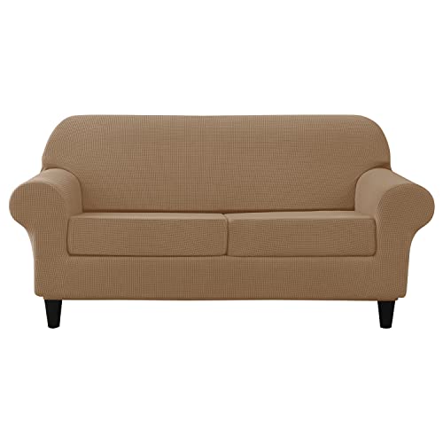 Housse de canapé en polaire extensible camel 2 places avec coussins - 2