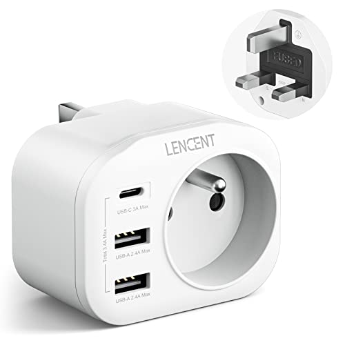 lencent adaptateur prise uk/anglaise française prise, avec 2 ports usb et 1 port usb c adapté à angleterre, irlande, royaume uni, Écosse, adaptateur électrique mâle uk/ femelle france, type g