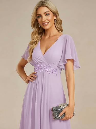 Image of Ever-Pretty Women's Spring Short Sleeve Bridesmaid Dresses V-Neck Chiffon Ruched Empire Waist Appliques Long Formal Dress