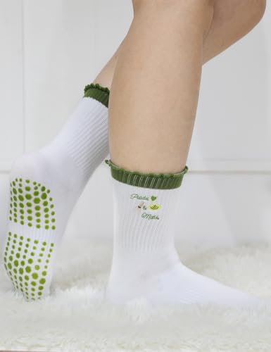 Image of Pilates Grip Yoga Socks For Women Barre Socks Cute Athletic Non Slip Sock | Soft cotton, breathable Non-slip grip sole Ruffle embroidery design For pilates barre yoga Cute women's gift