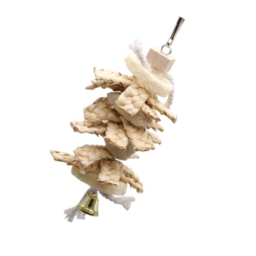 POPETPOP Straw Parrot Pendant Natural Loofah Swing with Ring Bell for Pet Birds Beige Chewing Molar for Cage Garden Fun and Safe Plaything for Parrots