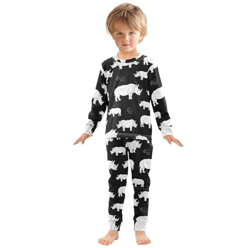 Pajama Sets Long Sleeve Rhino Pattern on Black Soft Comfy Sleepwear 2 Piece PJS 3-8T2