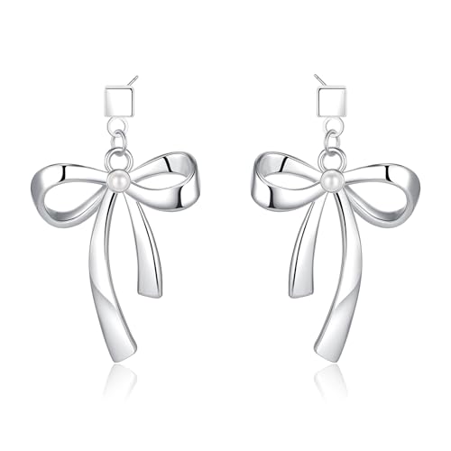 Silver Bow Pearl Earrings，Trendy 925 Silver Earrings for Women Lightweight Pearl Dangle Earrings