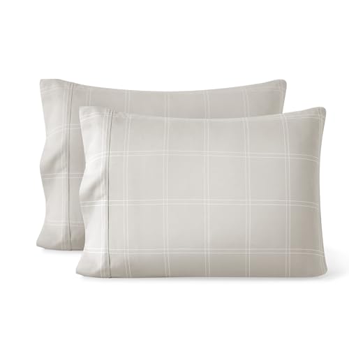 Image of Bare Home Microfiber Pillow Cases - Standard /Queen Size Set of 2 - Cooling Pillowcases - Double Brushed - Pillowcases 2 Pack - Easy Care (Standard, Modern Plaid - Stone /White)