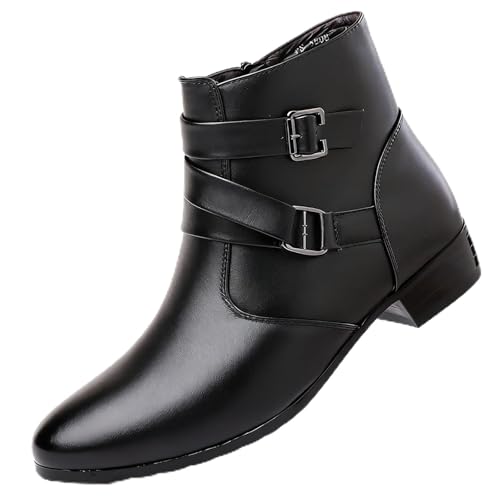 ENOEGMSD Men's Leather Chunky Heel Chelsea Boots Fashion Pointed Toe Side Zipper Chukka Booties Classic Buckle Strap Block High Heels High Top Formal Dress Ankle Boots (Black,11)