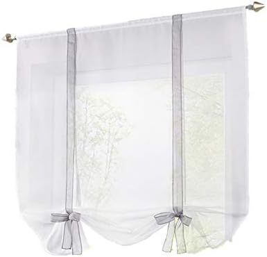 White Roman Curtain Solid Color Ribbon Top Tie Up Cafe Curtain Balloon Shades Curtain Tier Valance 1 Panel