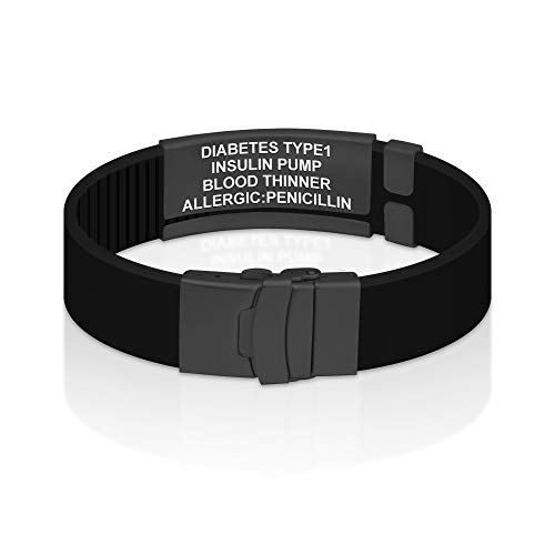 Divoti Sport Id Medical Alert Bracelet – Personalized Medical Id Bracelet – Trim-To-Fit Adjustable True Black Silicone Band W/ Security Clasp & Dual-Side Engraving - Pro Pvd Black - White #TOP2