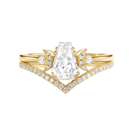1 Carat Coffin Shape Gemstone Rings Crescent Moon Engagement Ring Set S925 10K 14K 18K Gold Art Deco Unique Coffin Gemstone and Moissanite Wedding Promise Rings for Women Free Engraving 2Pcs2