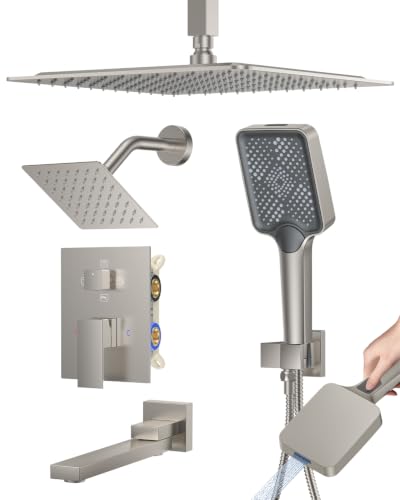 Image of Woindo 4 Function Shower Faucet Set 12 inch Rain Shower Head /6'' Side Shower Head and 3 Setting Handheld Ceiling Mount Push Button Diverter Complete Rainfall Round Shower System Included Valve Trim Kit