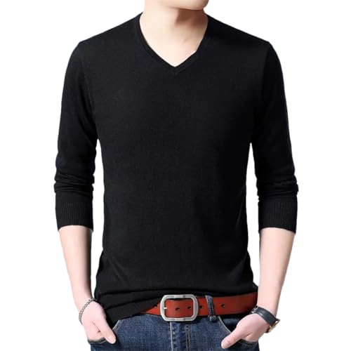 Men Solid V-Neck Knitted Long Sleeve Warm Top Autumn Winter Thin Woolen Sweater Black