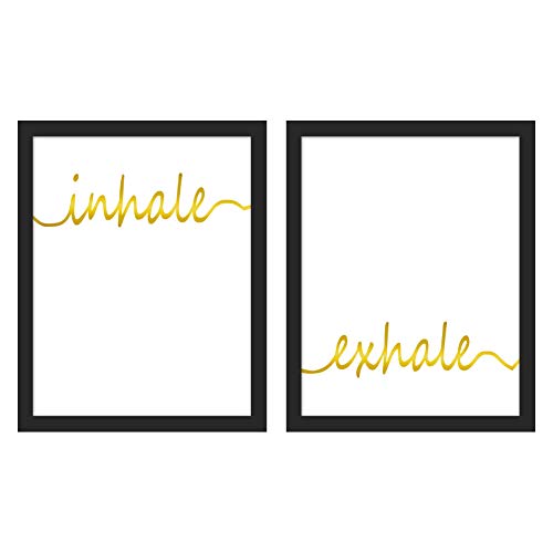 Inhale Exhale Quote Cardstock Art Print, Meditation Gold Foil Print Framed Two(8x10 inch)Yoga Room Office Zen Art Poster,Relaxation Gift Home Decor -Wood Frame Ready to Hang