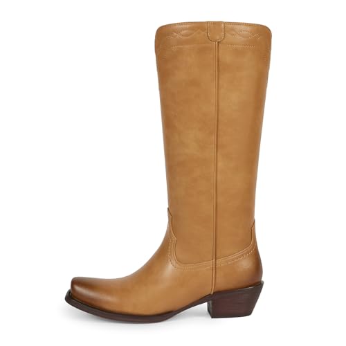 Image of wetkiss Women's Pointed Toe Cowboy Boots | Knee High Cowgirl Boots, Retro Embroidery, Chunky Heel, Pull-On, Style for a Classic Western Look,Stable and Comfortable