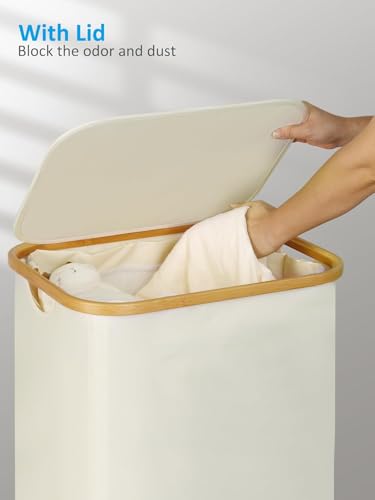 efluky Laundry Basket with Wheels, Tall Rolling Laundry Hamper with Lid and Removable Bag, Aesthetic Dirty Clothes Hamper on Wheels for Laundry Room, Bedroom, Dorm and Bathroom, 100L Beige