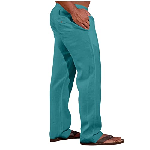 DuDubaby Pants for Men Mens Casual Elastic Waist Linen Lightweight Straight-Legs Loose Fit Summer Beach Yoga Trousers Travel