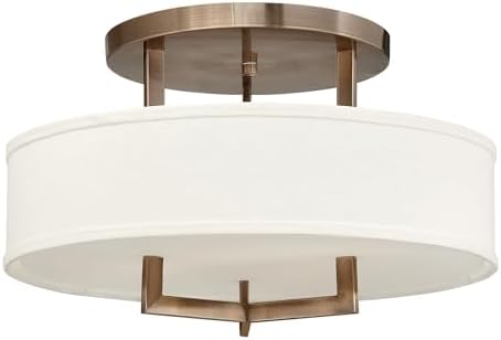 Hinkley Hampton Semi-Flush Three Light 20-in Dia. Ceiling Mount, Off-White Linen Drum Shade, Acrylic Diffuser, Brushed Bronze Finish