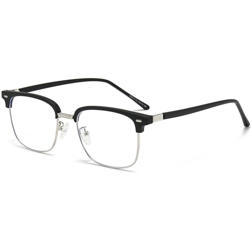 ANRRI Gafas de luz azul para hombre, montura metálica, protección UV 400, lentes transparentes, antifatiga visual, para videojuegos, montura negra y dorada (Negro plateado)