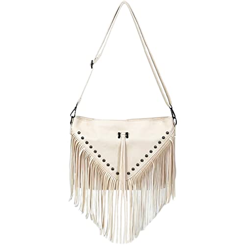 Image of IAMUHI Casual Rivets Fringed Shoulder Handbag for Women,Soft Vegan Leather Hippie Crossbody Purse Bag Hobo Bag
