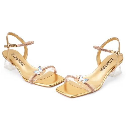 Image of Z.Oufeier Women's Crystal Clear Strap Chunky Block Transparent Heel Rhinestone Butterfly Sandals Ankle Strap Square Open Toe Summer Dress Heels Shoes