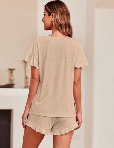 Image of Ekouaer Women's Pajama Set Ruffle Sleeves Top and Short Soft 2 Piece Loungewear Set Khaki