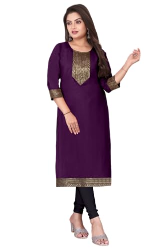 Image of Elegant red Straight Kurti with Golden Embroidered Yoke, Three Quarter Sleeves and Classic Border Detailing for Festive, Office and Everyday wear