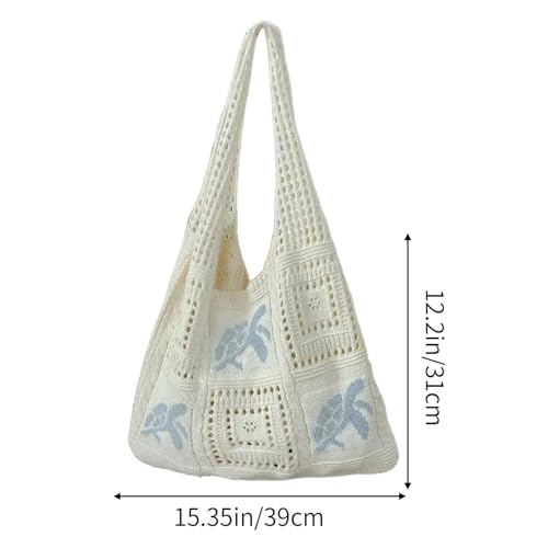 Beach Bags for Women, Woven Bags for Women, Travel Knitted Pack, Turtle Pattern, Seaside Hollow Woven Style, Beige2