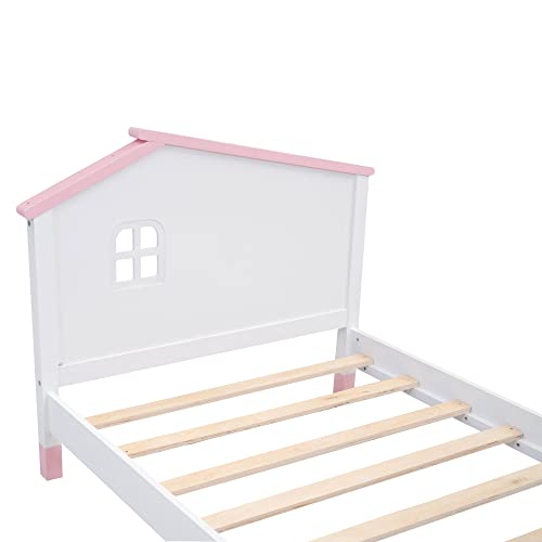 Merax Kid Twin Wood Bed House Frame, Wood Platform Bed For Boys Girls,No Box Spring Needed,Easy Assemble (Twin,White+Pink) #TOP5
